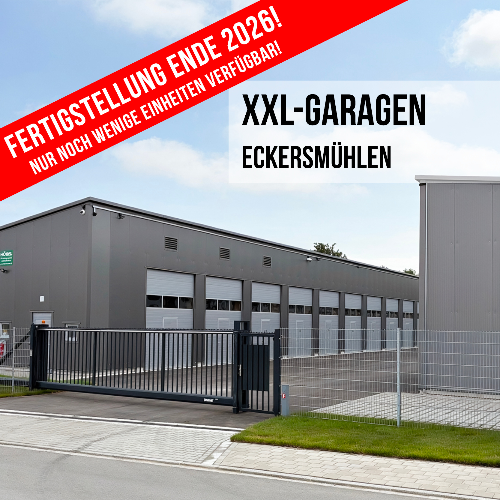 Visualisierung von XXL-Garagen in Eckersmühlen mit dem Text "fertig Dezember 2026"