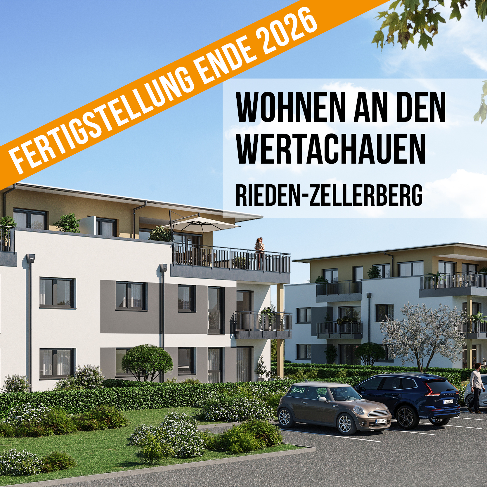 Visualisierung des Wohnprojekts "Wohnen an den Wertachauen" in Rieden-Zellerberg mit dem Text "Neu im Verkauf"