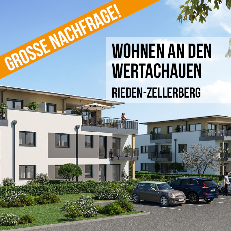Visualisierung des Wohnprojekts "Wohnen an den Wertachauen" in Rieden-Zellerberg mit dem Text "Neu im Verkauf"