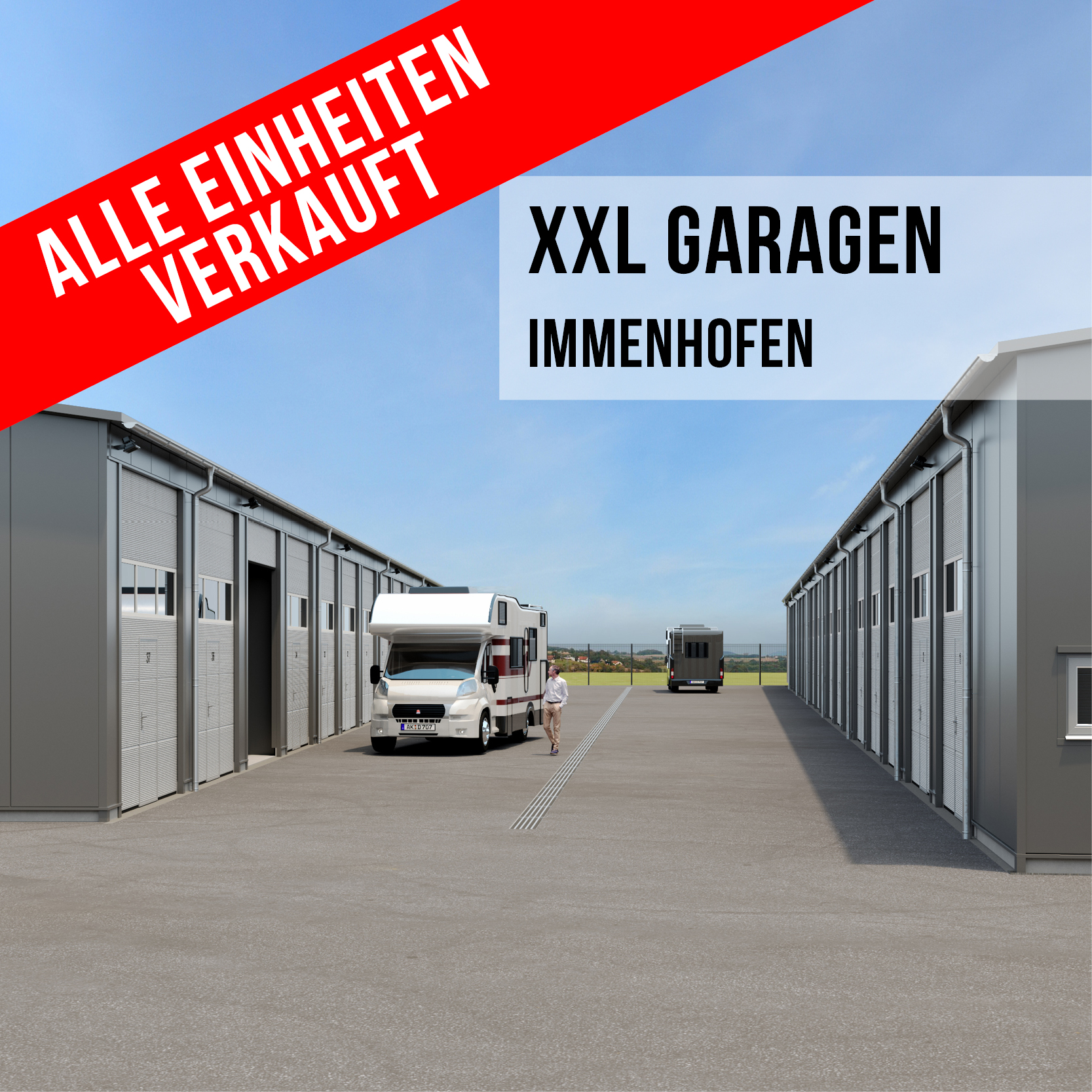 Visualisierung von XXL-Garagen in Immenhofen mit dem Text "Alle Einheiten verkauft"