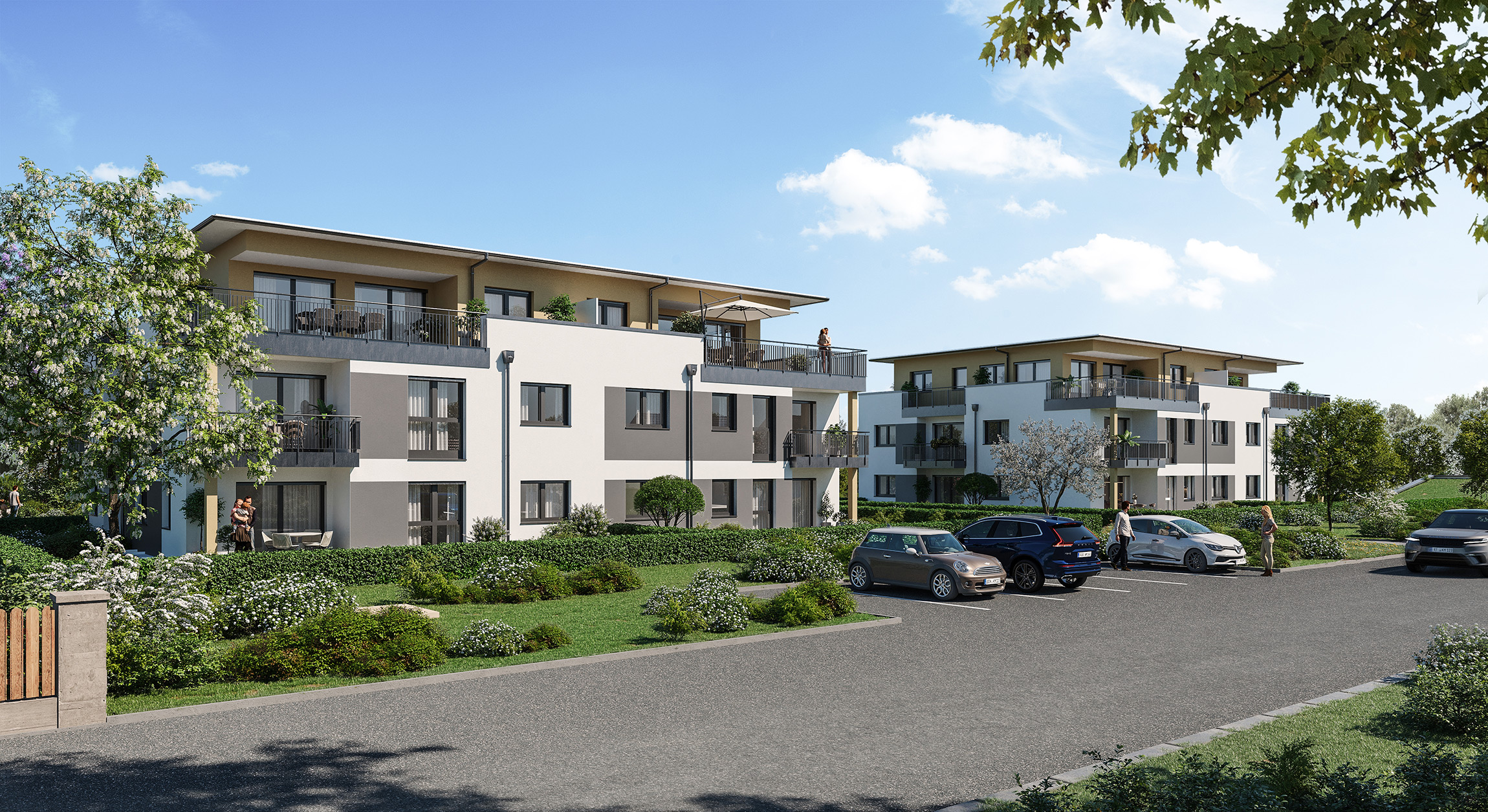 Visualisierung der Wohnanlage "Wohnen an den Wertachauen" der Höbel Immobilien GmbH, Ansicht von der Straße in Rieden-Zellerberg, Allgäu